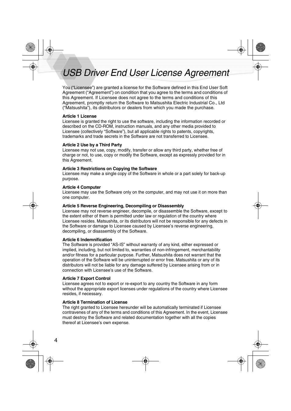 Usb driver end user license agreement | Panasonic DMC-LC40PP User Manual | Page 4 / 106