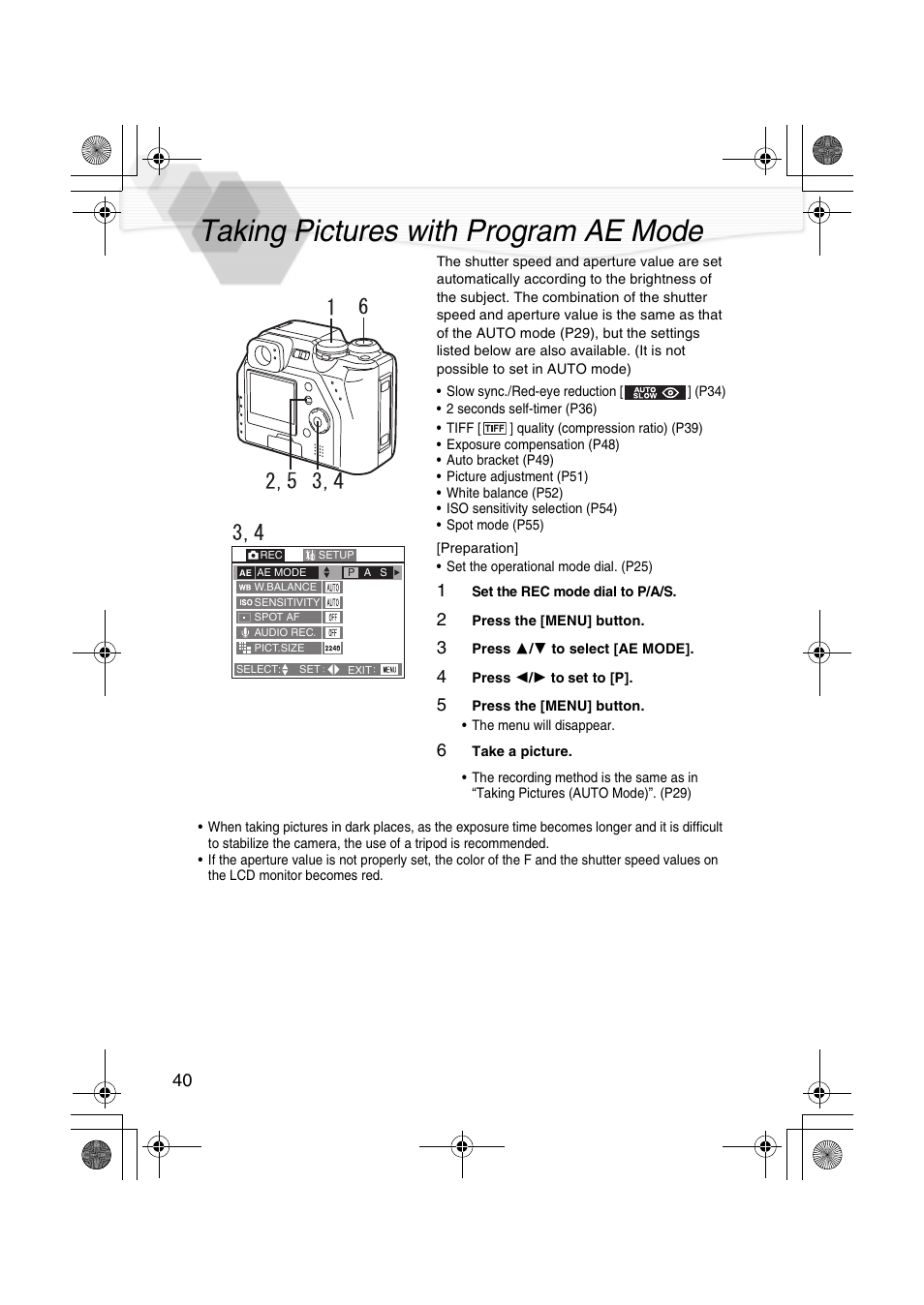Taking pictures with program ae mode, Taking pictures with program ae, P40) | Panasonic DMC-LC40PP User Manual | Page 42 / 106