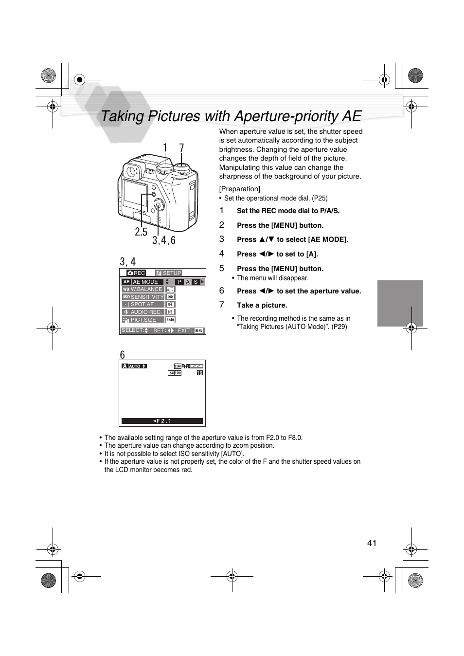 Taking pictures with aperture-priority ae, Ae (p41), P41) | Panasonic DMC-LC40PP User Manual | Page 43 / 106