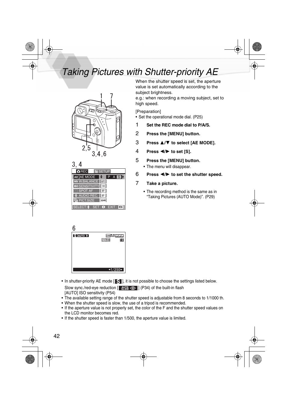 Taking pictures with shutter-priority ae, Taking pictures with shutter-priority, P42) | Panasonic DMC-LC40PP User Manual | Page 44 / 106