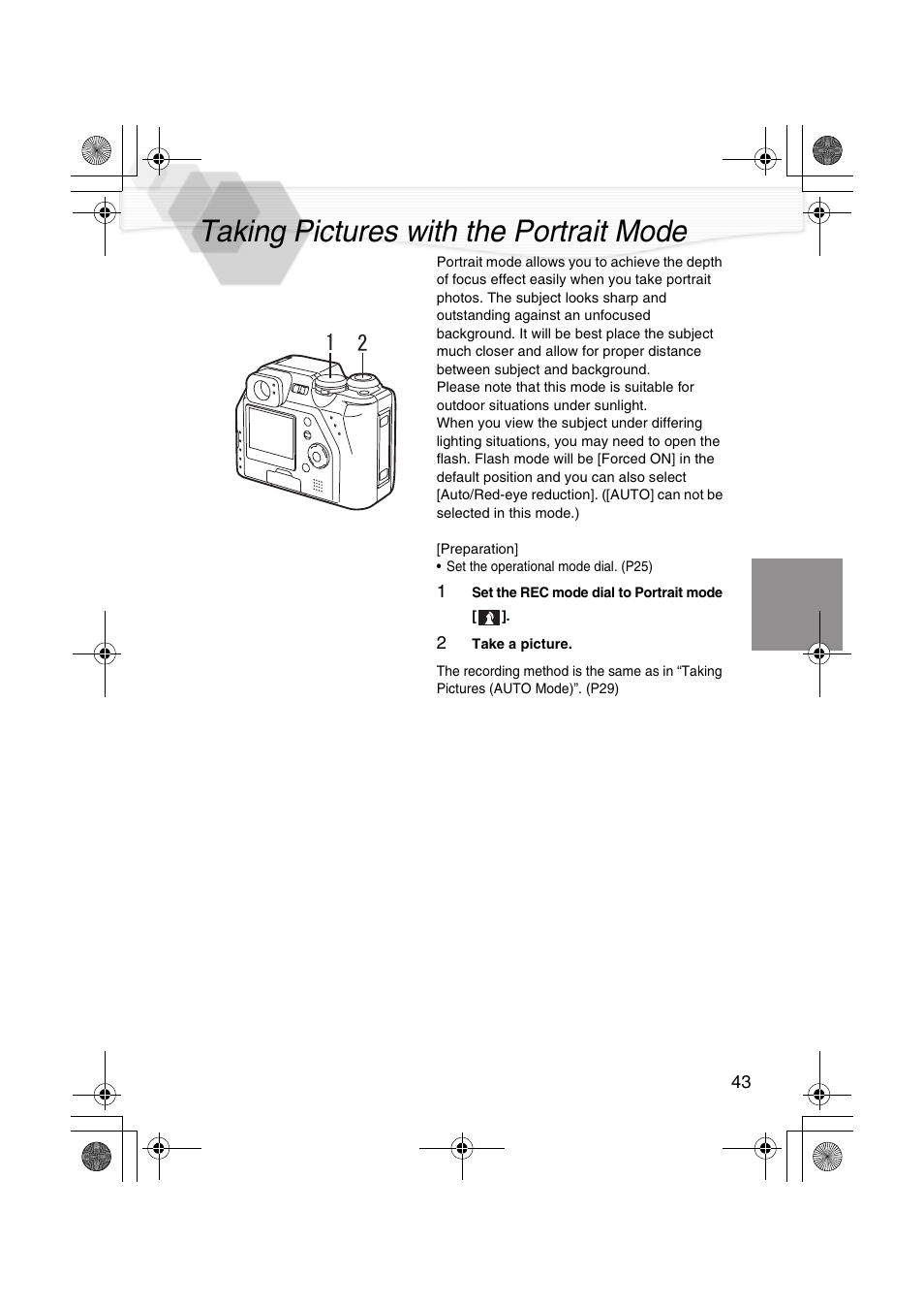 Taking pictures with the portrait mode, Taking pictures with the portrait, P43) | Panasonic DMC-LC40PP User Manual | Page 45 / 106