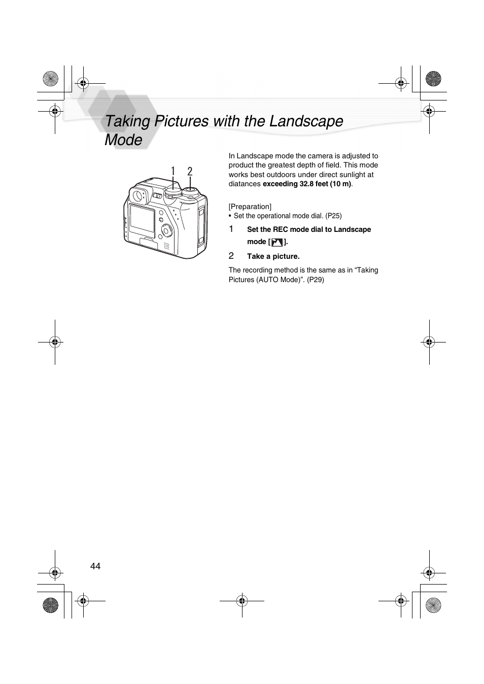 Taking pictures with the landscape mode, Ode (p44) | Panasonic DMC-LC40PP User Manual | Page 46 / 106