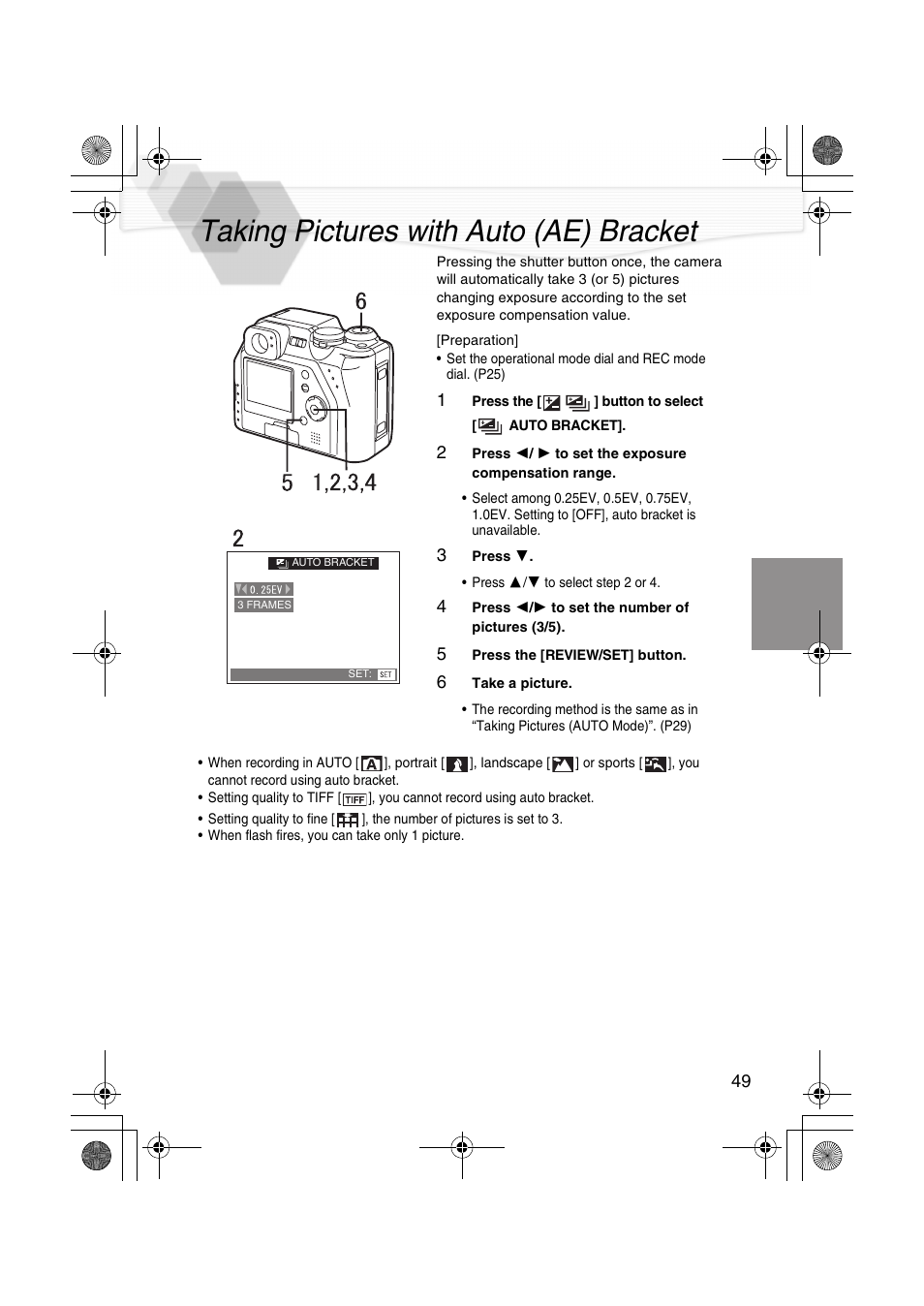 Taking pictures with auto (ae) bracket, Taking pictures with auto (ae), T (p49) | P49) | Panasonic DMC-LC40PP User Manual | Page 51 / 106