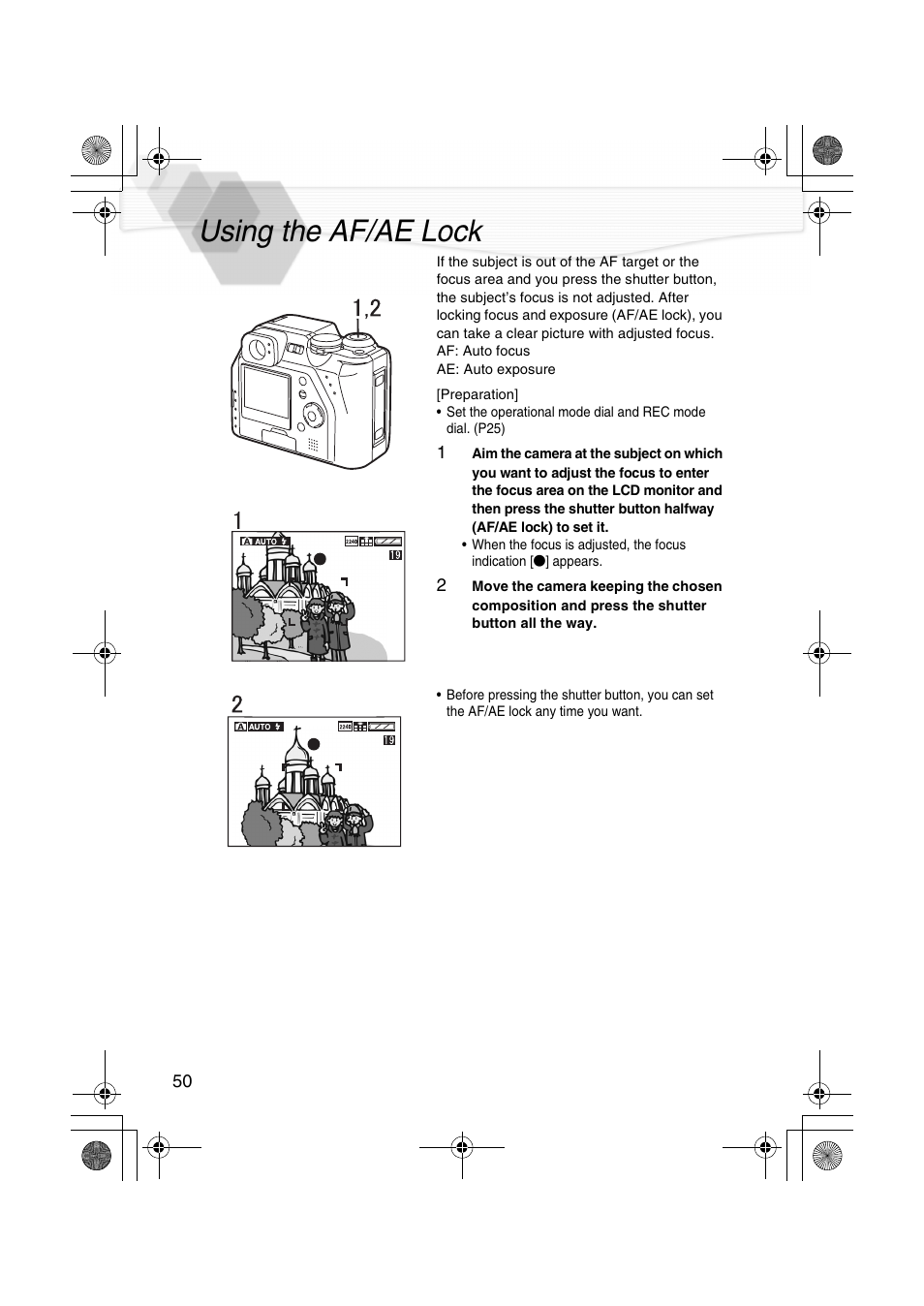 Using the af/ae lock | Panasonic DMC-LC40PP User Manual | Page 52 / 106