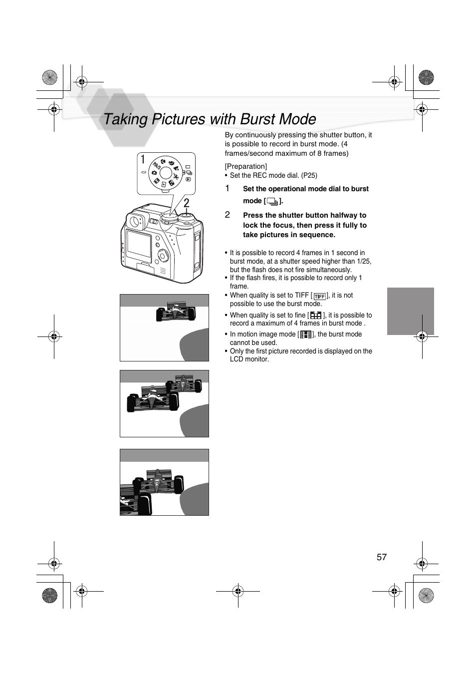 Taking pictures with burst mode, P57), Mode (p57) | Panasonic DMC-LC40PP User Manual | Page 59 / 106