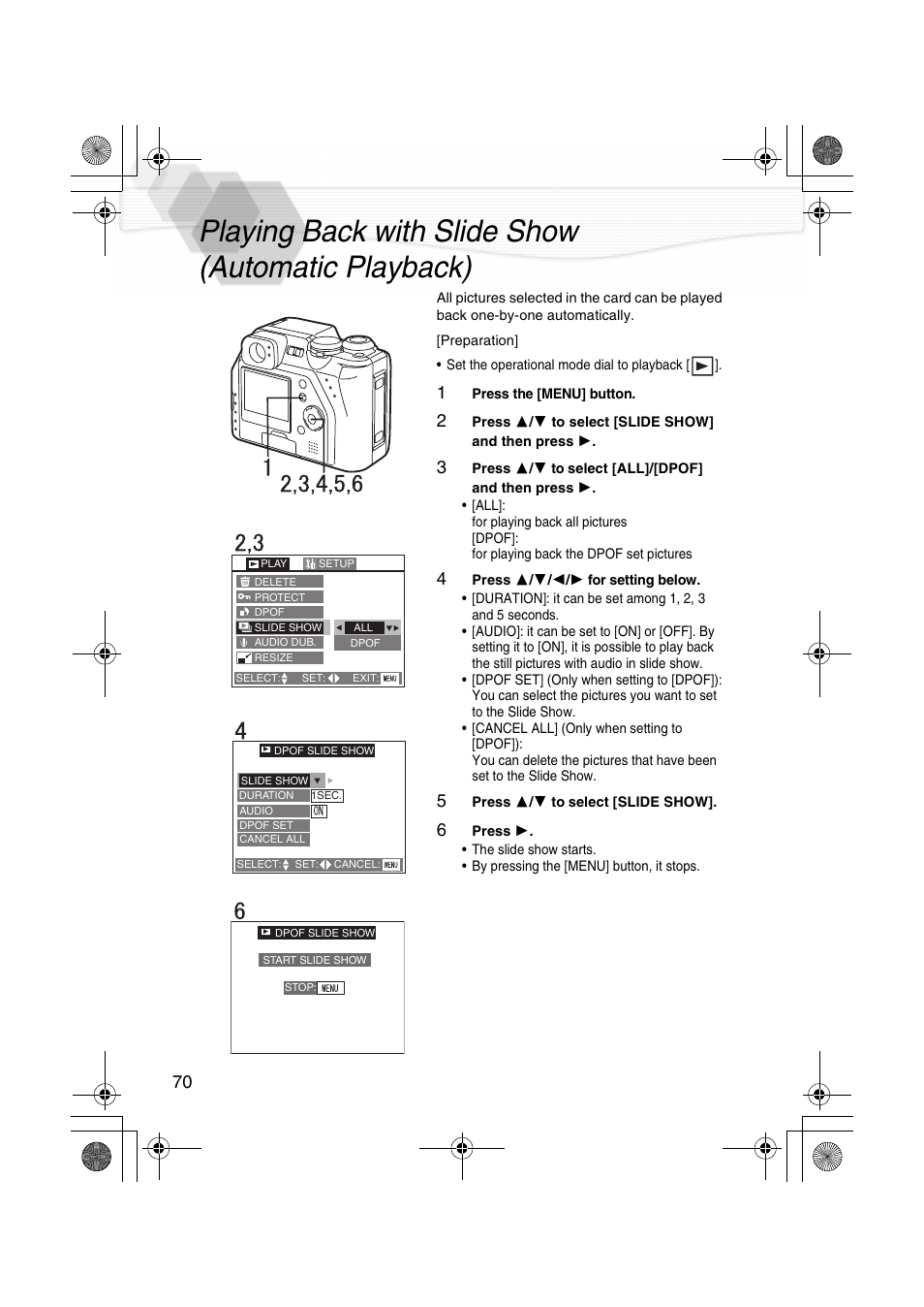 Technical use, Playing back with slide show (automatic playback) | Panasonic DMC-LC40PP User Manual | Page 72 / 106