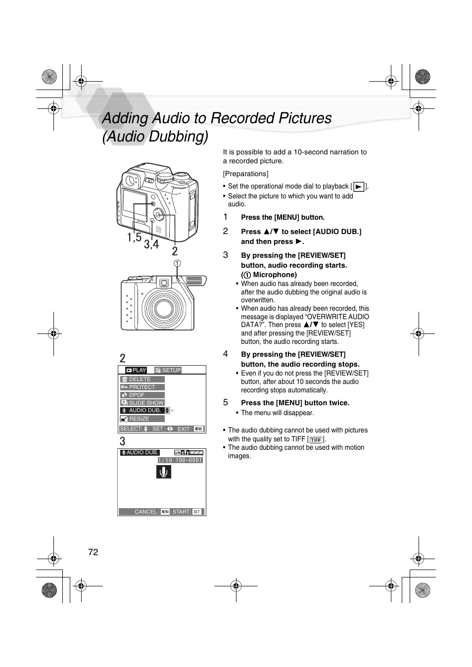 Adding audio to recorded pictures (audio dubbing), P72) | Panasonic DMC-LC40PP User Manual | Page 74 / 106