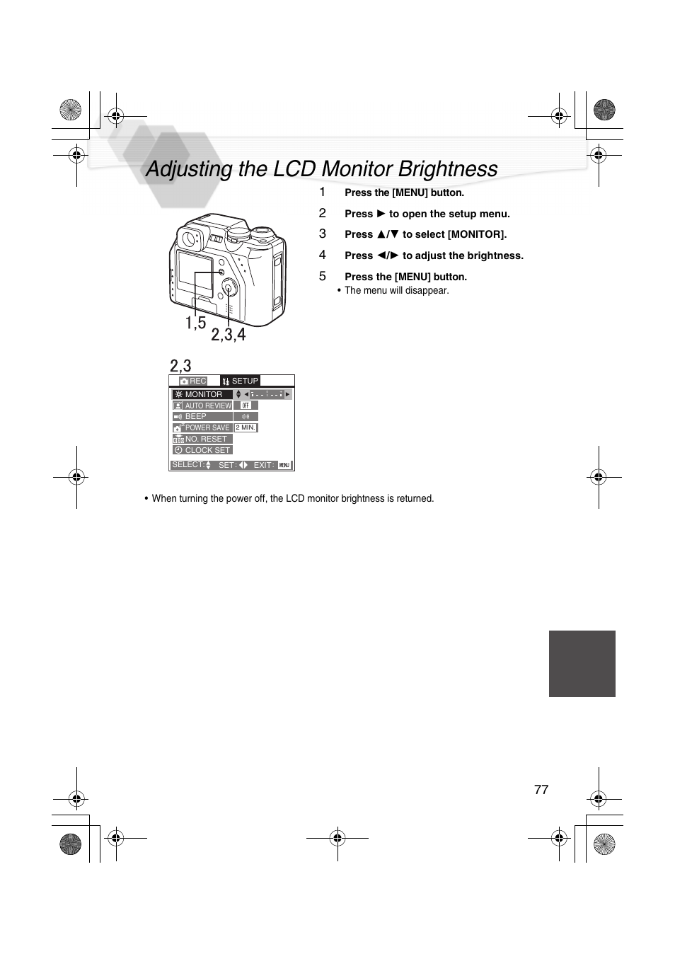 Adjusting the lcd monitor brightness, Adjusting the lcd monitor | Panasonic DMC-LC40PP User Manual | Page 79 / 106