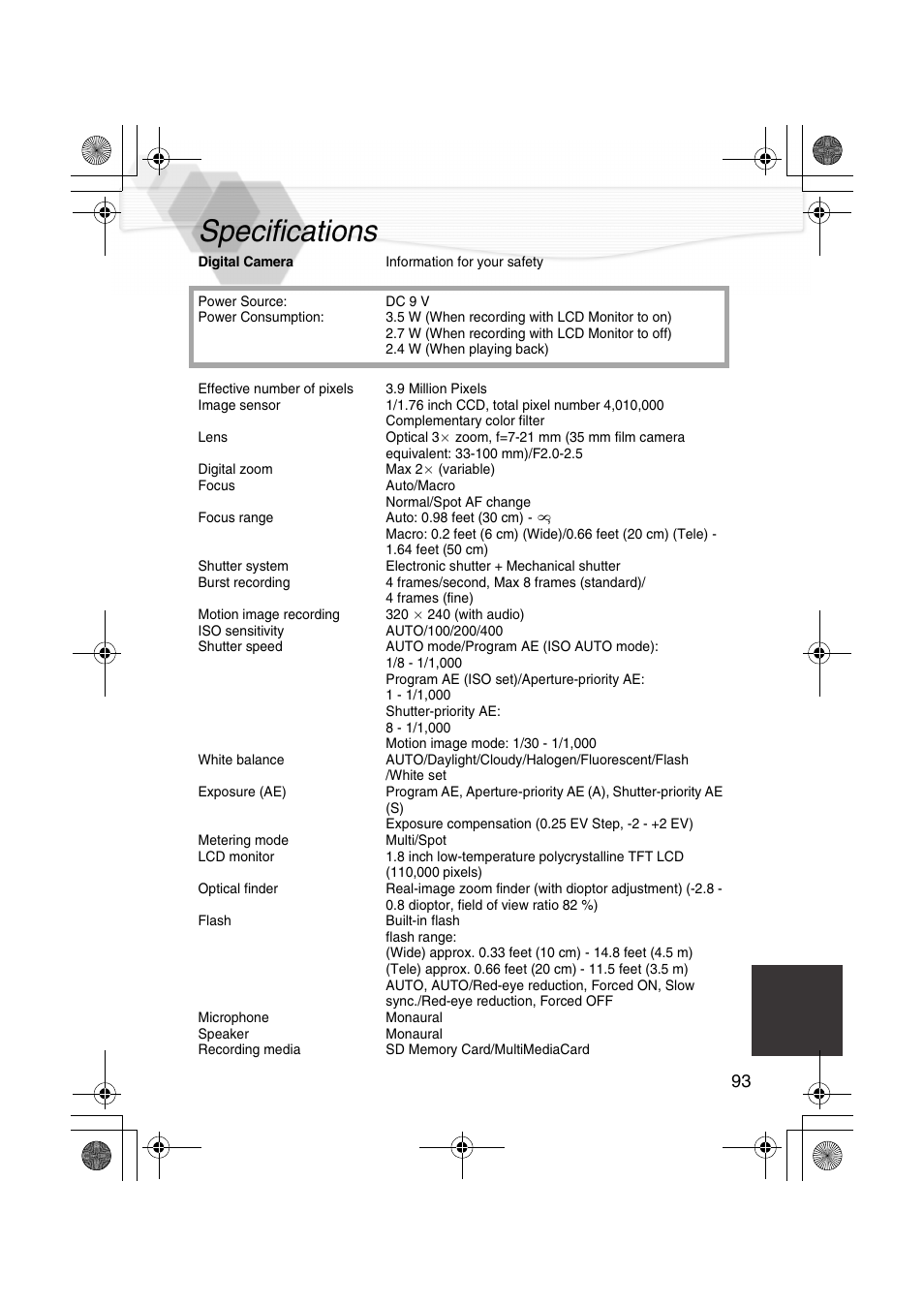 Specifications | Panasonic DMC-LC40PP User Manual | Page 95 / 106