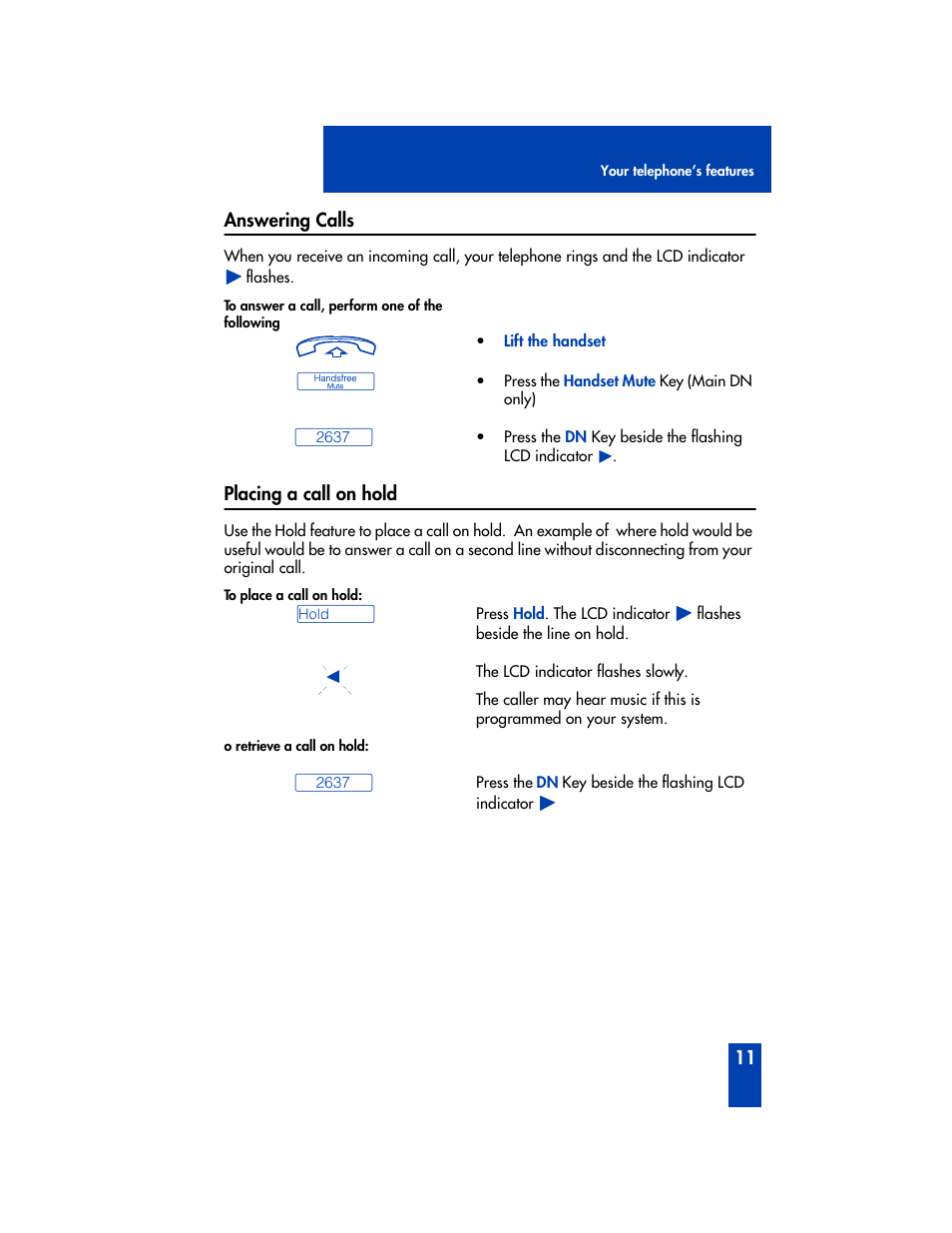 Answering calls, Placing a call on hold | Panasonic M2616 User Manual | Page 17 / 74