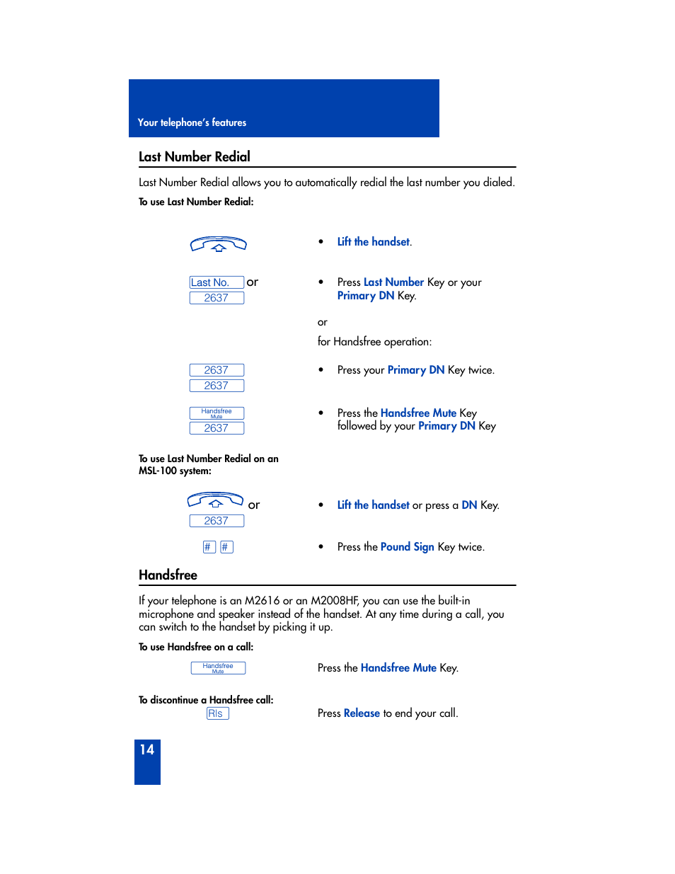 Last number redial, Handsfree | Panasonic M2616 User Manual | Page 20 / 74