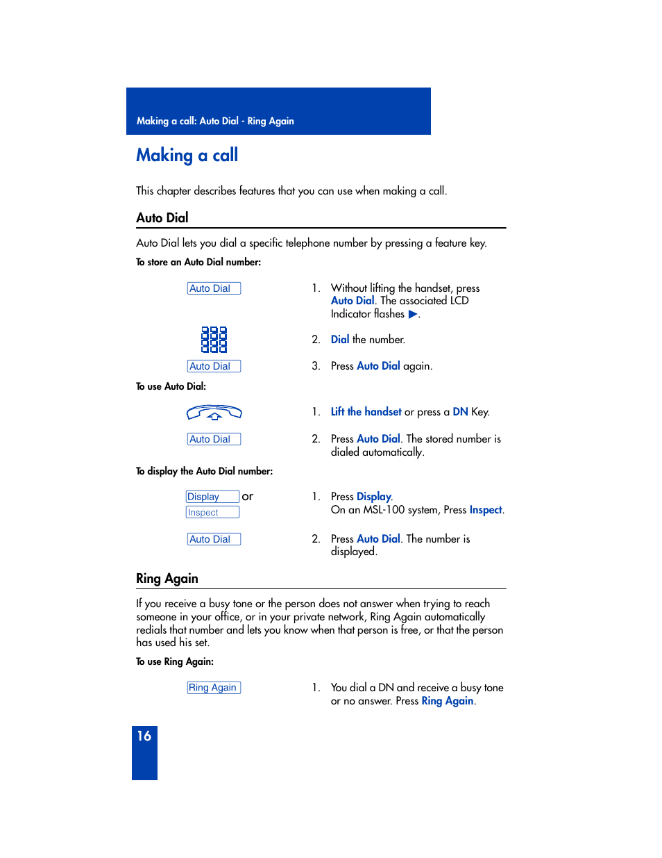 Making a call, Auto dial, Ring again | Panasonic M2616 User Manual | Page 22 / 74