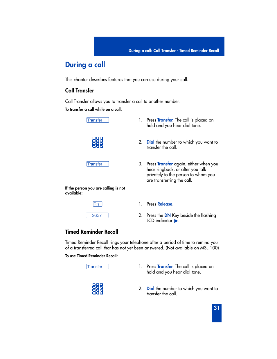 During a call, Call transfer, Timed reminder recall | Panasonic M2616 User Manual | Page 37 / 74