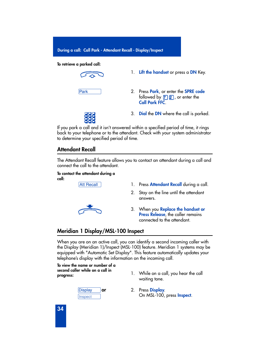 Attendant recall, Meridian 1 display/msl-100 inspect | Panasonic M2616 User Manual | Page 40 / 74