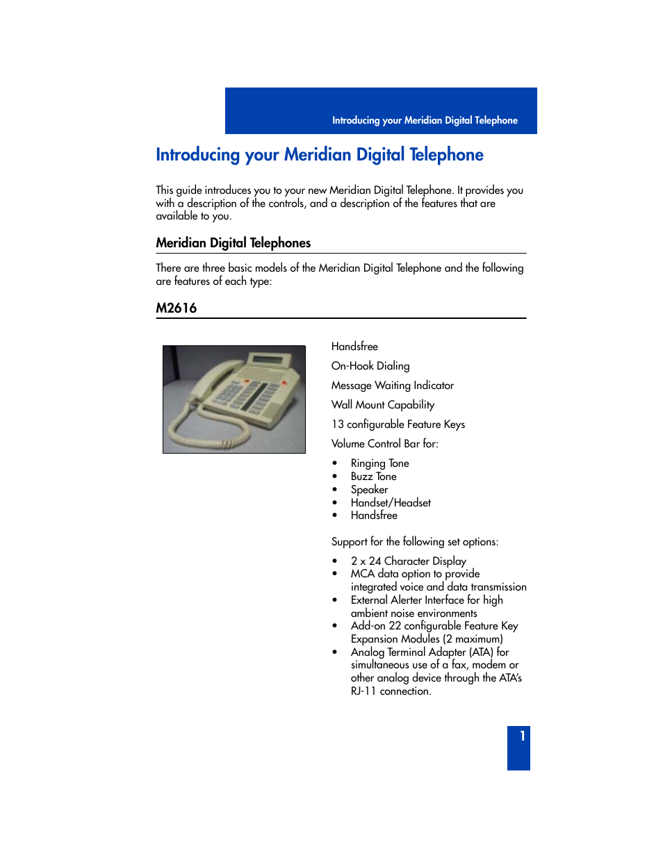 Introducing your meridian digital telephone, Meridian digital telephones, M2616 | Panasonic M2616 User Manual | Page 7 / 74