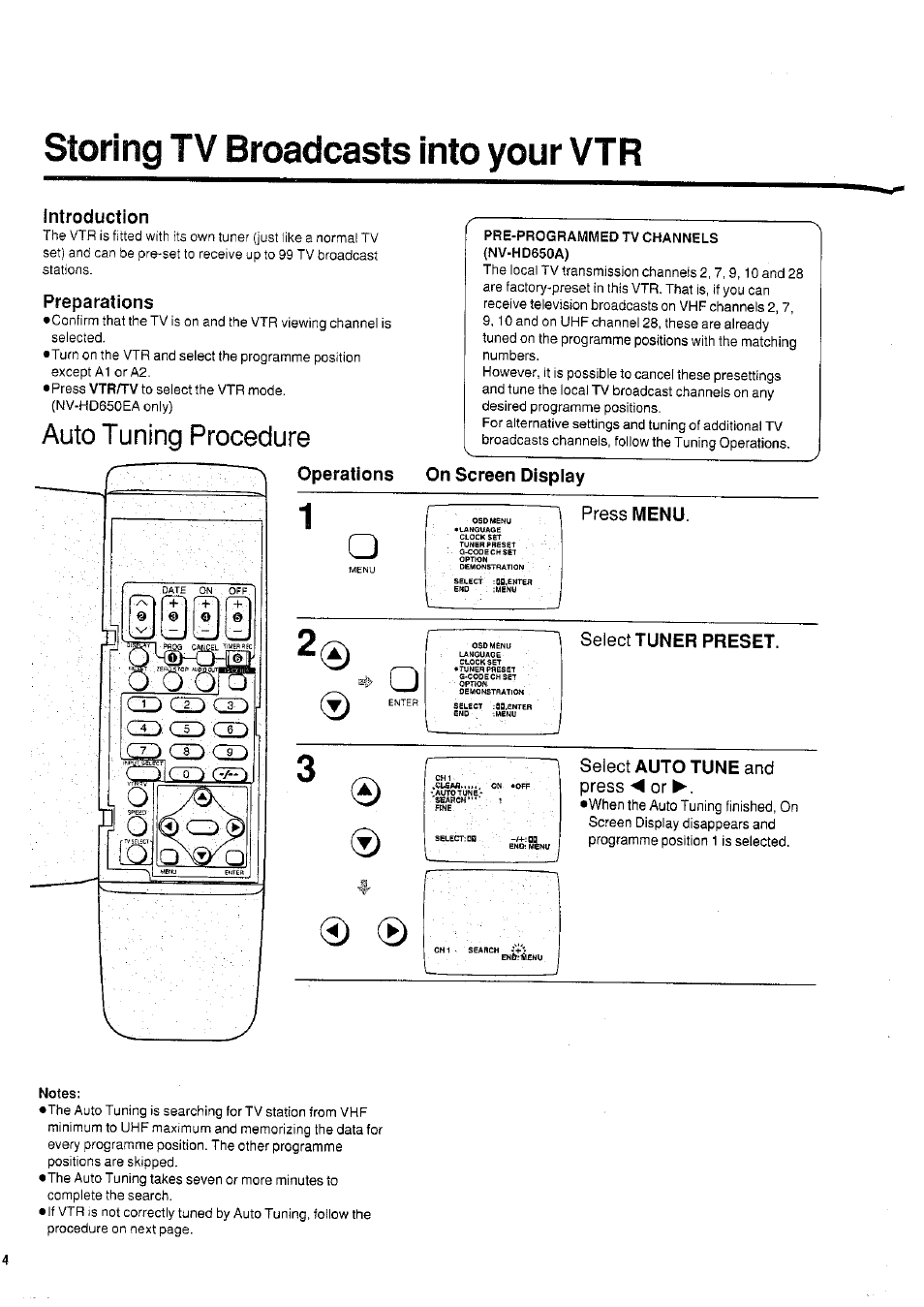 Storing tv broadcasts into your vtr, Introduction, Preparations | Operations, Pre-programmed tv channels (nv-hd650a), On screen display, 1 select tuner preset, Notes, Auto tuning procedure, Menu | Panasonic NVHD650 User Manual | Page 14 / 37