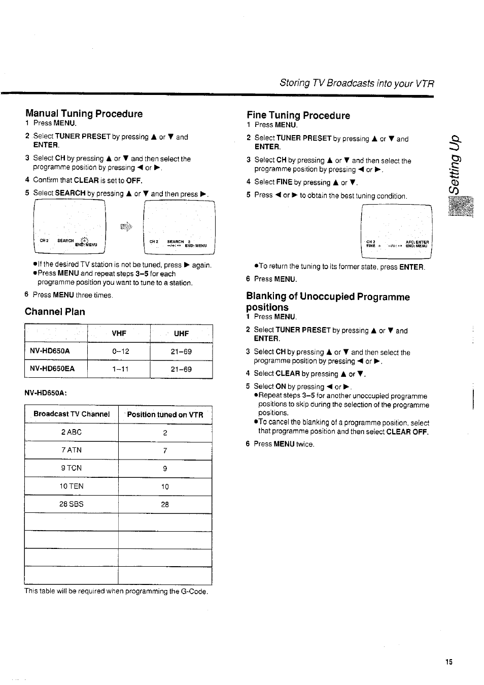 Channel plan, Blanking of unoccupied programme positions, Manual tuning procedure | Fine tuning procedure, 1 j l __________ j | Panasonic NVHD650 User Manual | Page 15 / 37