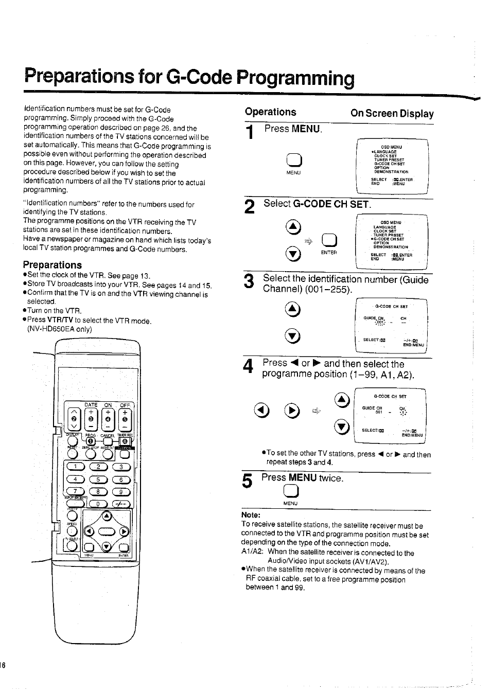 Preparations for g-code programming, Preparations, Operations | On screen display, Note | Panasonic NVHD650 User Manual | Page 16 / 37