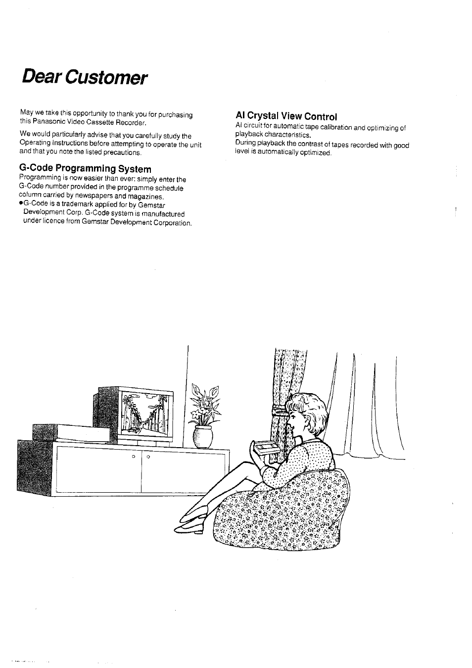 G-code programming system, Al crystal view control, Dear customer | Panasonic NVHD650 User Manual | Page 2 / 37