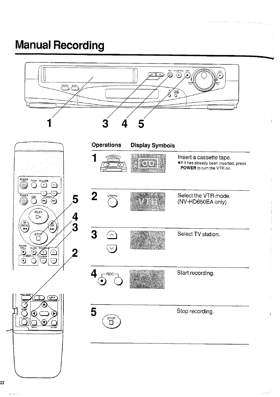 Manual recording, Operations display symbols | Panasonic NVHD650 User Manual | Page 22 / 37