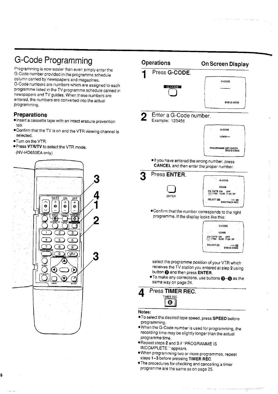 Preparations, Operations, On screen display | Press g-code, Press enter, Press timer reg, Notes, G-code programming, Operations on screen display, G-code | Panasonic NVHD650 User Manual | Page 26 / 37