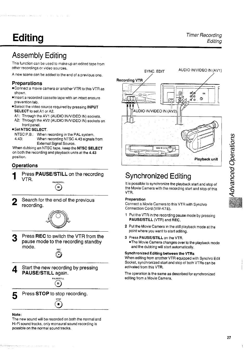 Editing, Preparations, Set ntsc select | Operations, Note, Assembly editing, Synchronized editing | Panasonic NVHD650 User Manual | Page 27 / 37