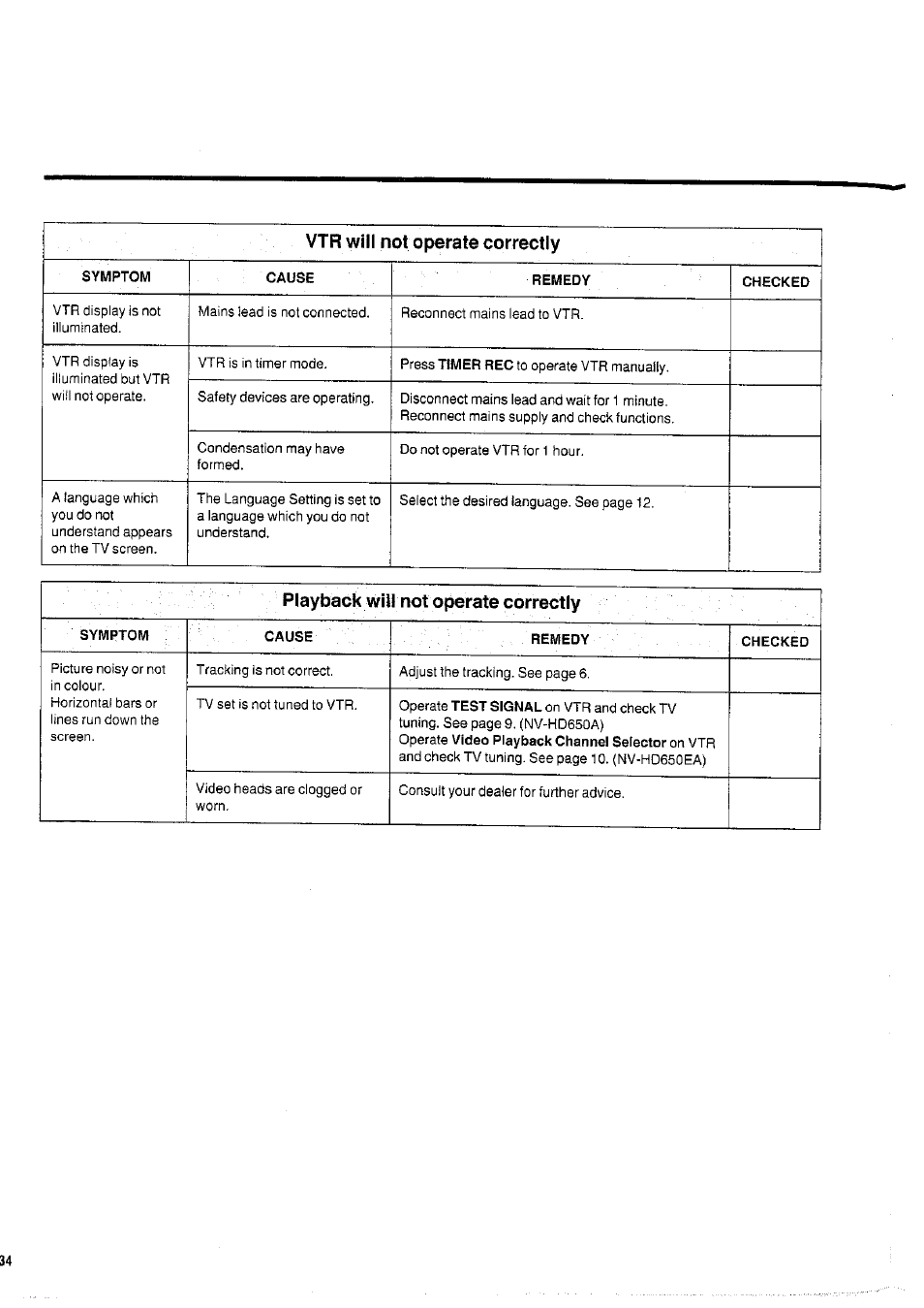 Vtr will not operate correctly | Panasonic NVHD650 User Manual | Page 34 / 37