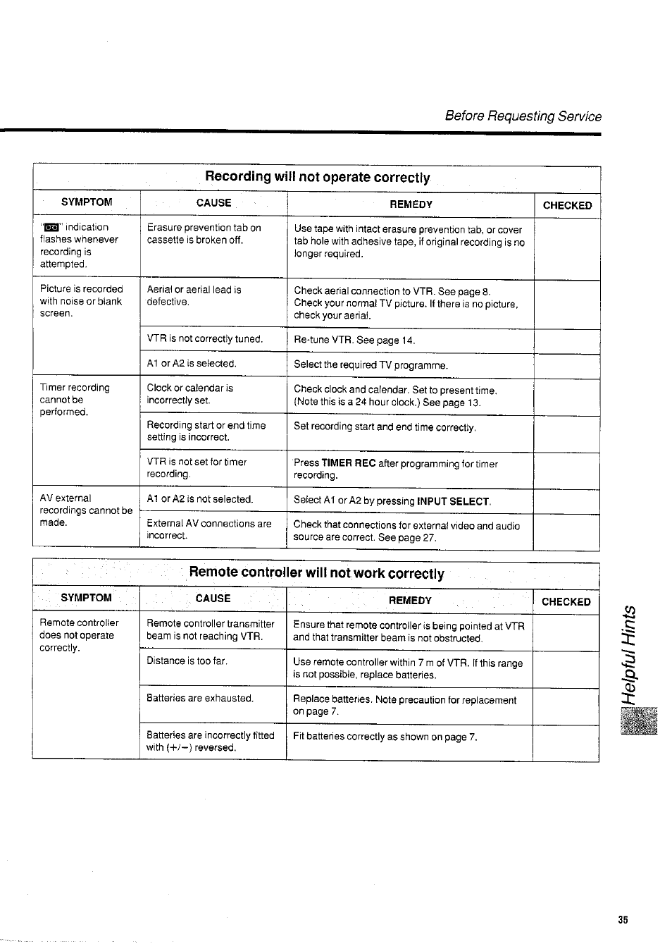 Recording will not operate correctly, Remote controller will not work correctly | Panasonic NVHD650 User Manual | Page 35 / 37