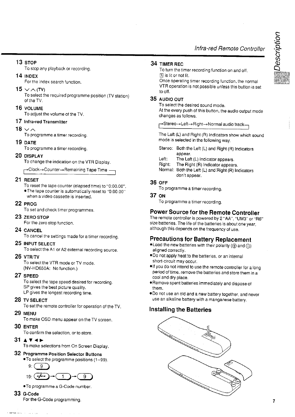 13 stop, 16 volume, 17 infra-red transmitter | 18 s, 19 date, 20 display, 23 zero stop, 24 cancel, 25 input select, 26 vtr/tv | Panasonic NVHD650 User Manual | Page 7 / 37