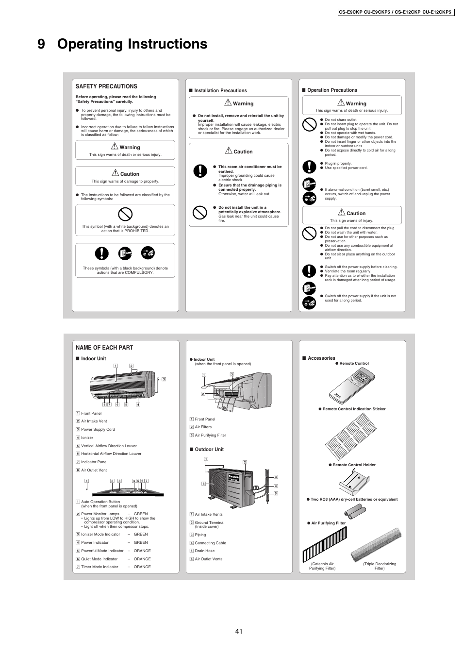 Panasonic CS-E9CKP User Manual | 5 pages