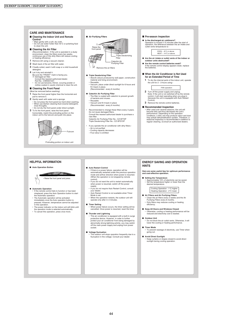 Care and maintenance, Helpful information, Energy saving and operation hints | Panasonic CS-E9CKP User Manual | Page 4 / 5