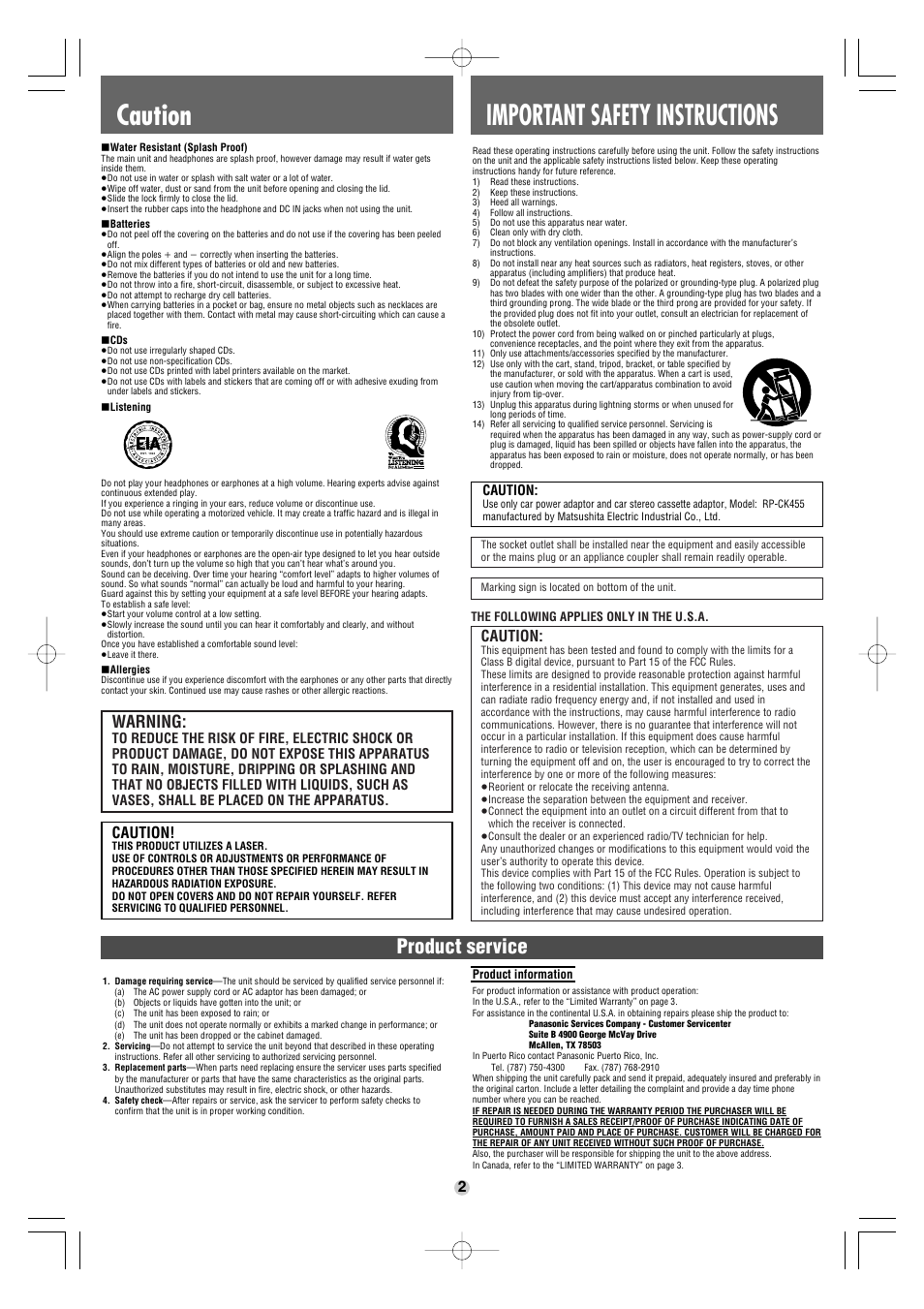 Important safety instructions, Product service, Warning | Caution | Panasonic SL-SW947 User Manual | Page 2 / 6