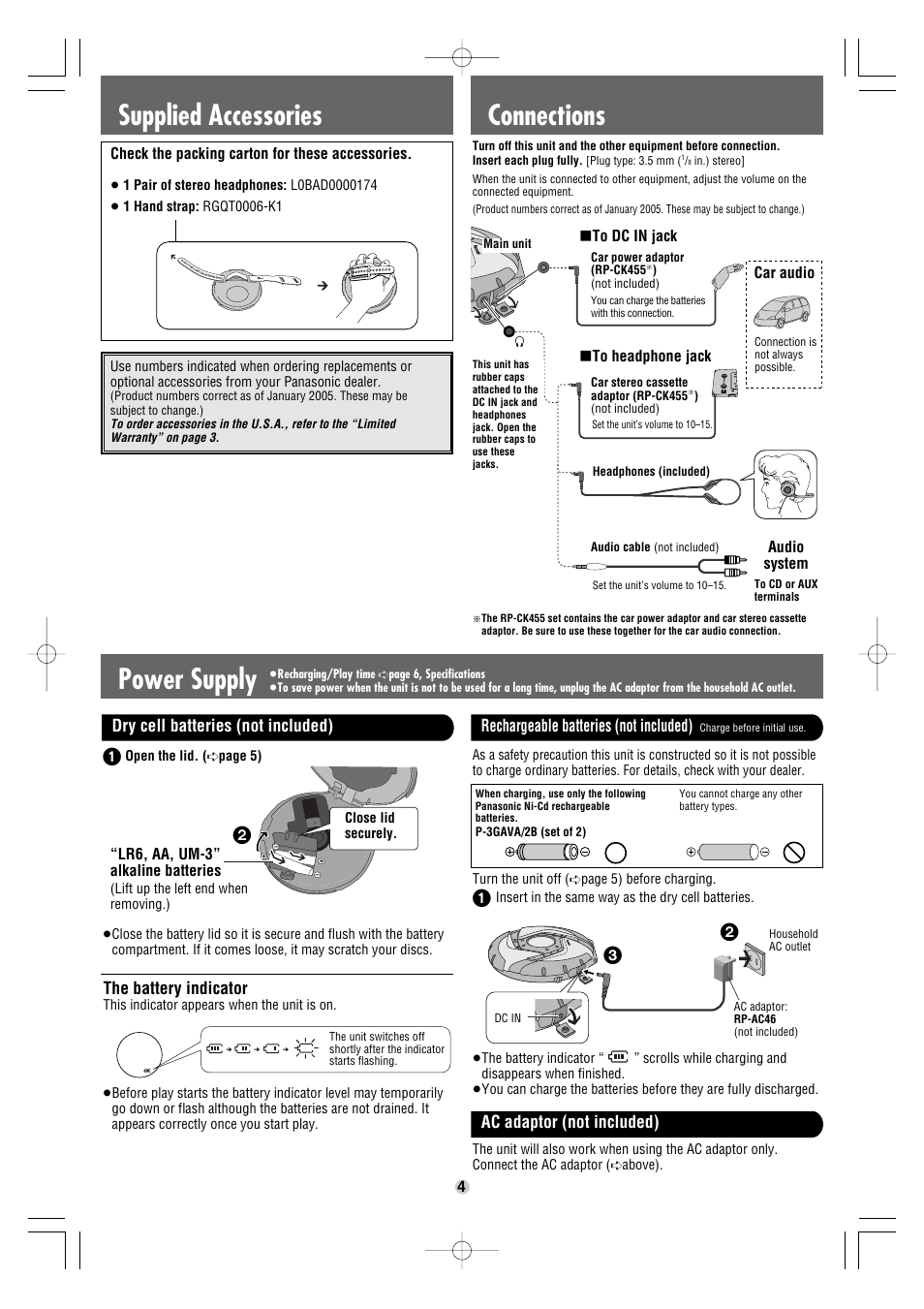 Power supply, Connections, Supplied accessories | Panasonic SL-SW947 User Manual | Page 4 / 6