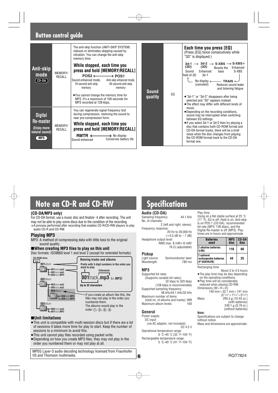 Specifications, Button control guide, 001 track .mp3 | Anti-skip mode, Digital re-master, Playing mp3, Sound quality, Each time you press [eq | Panasonic SL-SW947 User Manual | Page 6 / 6