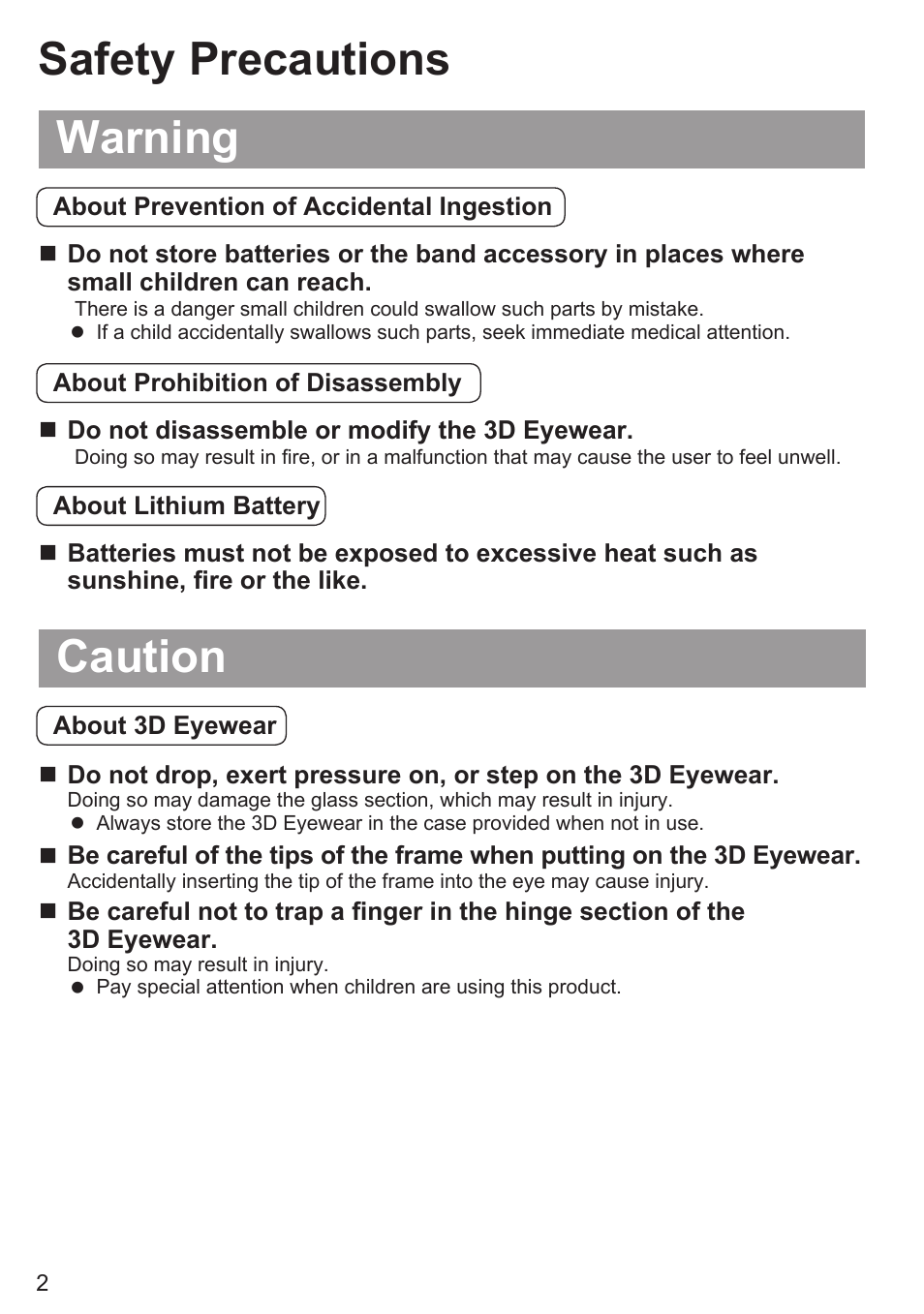 Safety precautions warning, Caution | Panasonic TY-EW3D10U User Manual | Page 2 / 12