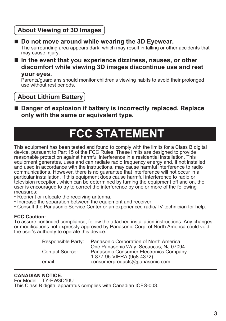 Fcc statement | Panasonic TY-EW3D10U User Manual | Page 3 / 12