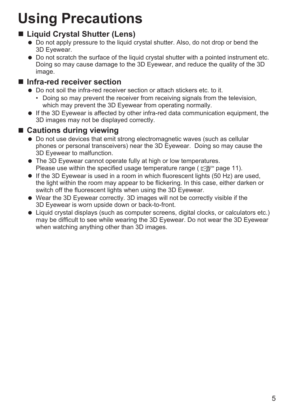 Using precautions, Liquid crystal shutter (lens), Cautions during viewing | Panasonic TY-EW3D10U User Manual | Page 5 / 12