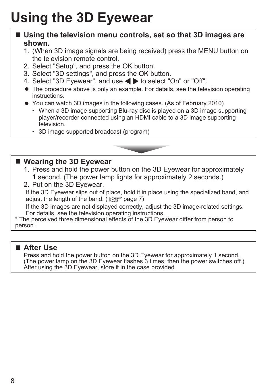 Using the 3d eyewear | Panasonic TY-EW3D10U User Manual | Page 8 / 12