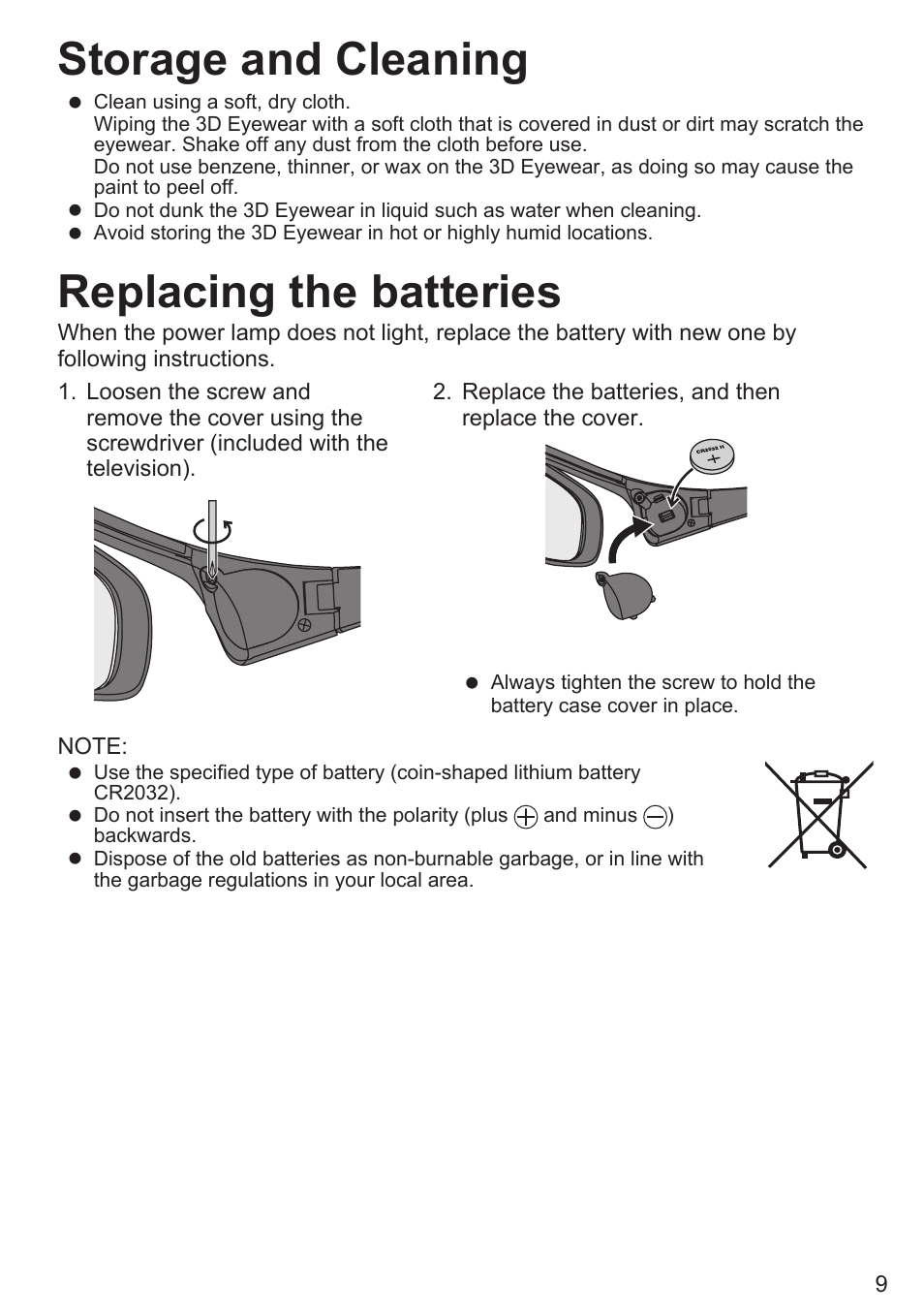 Storage and cleaning, Replacing the batteries | Panasonic TY-EW3D10U User Manual | Page 9 / 12