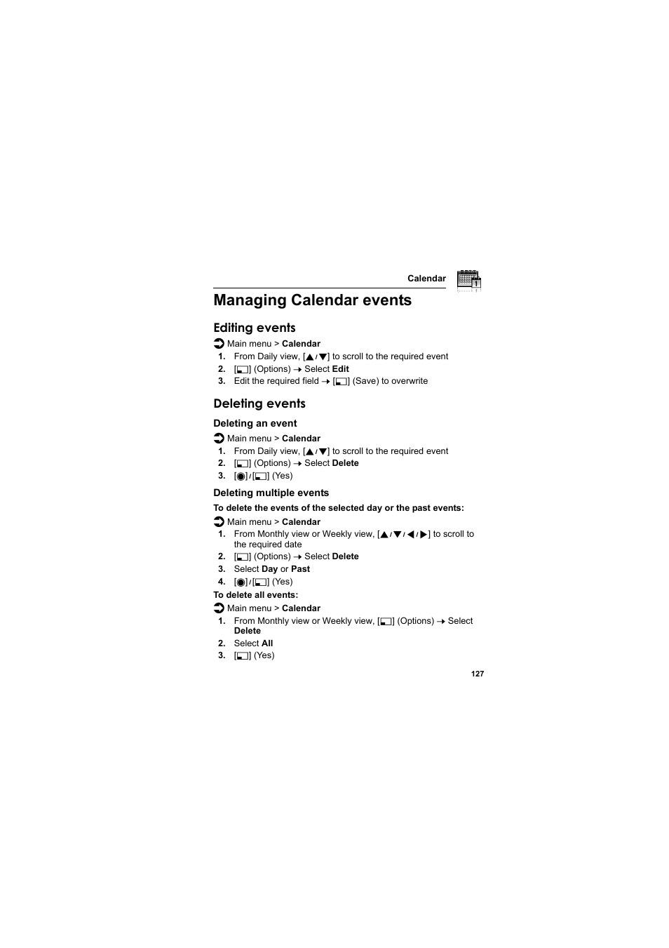 Managing calendar events, Managing calendar events .127, Editing events | Deleting events | Panasonic EB-VS3  EN User Manual | Page 130 / 171