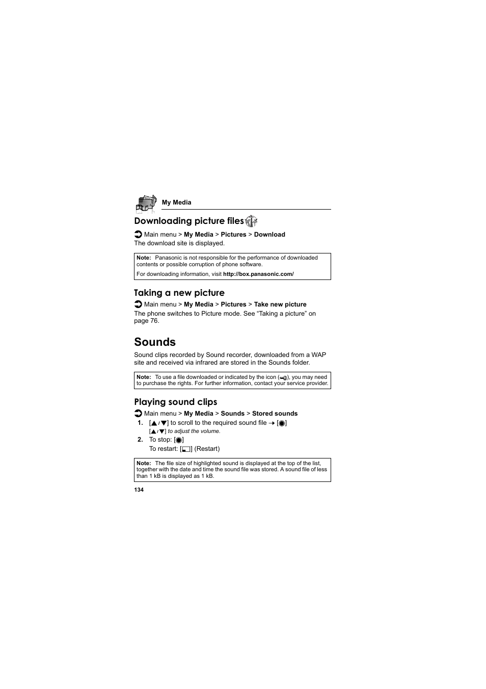 Sounds, Downloading picture files, Taking a new picture | Playing sound clips | Panasonic EB-VS3  EN User Manual | Page 137 / 171