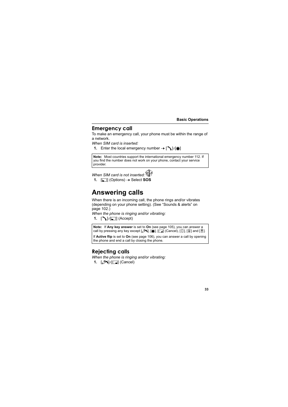 Answering calls, Emergency call, Rejecting calls | Panasonic EB-VS3  EN User Manual | Page 36 / 171