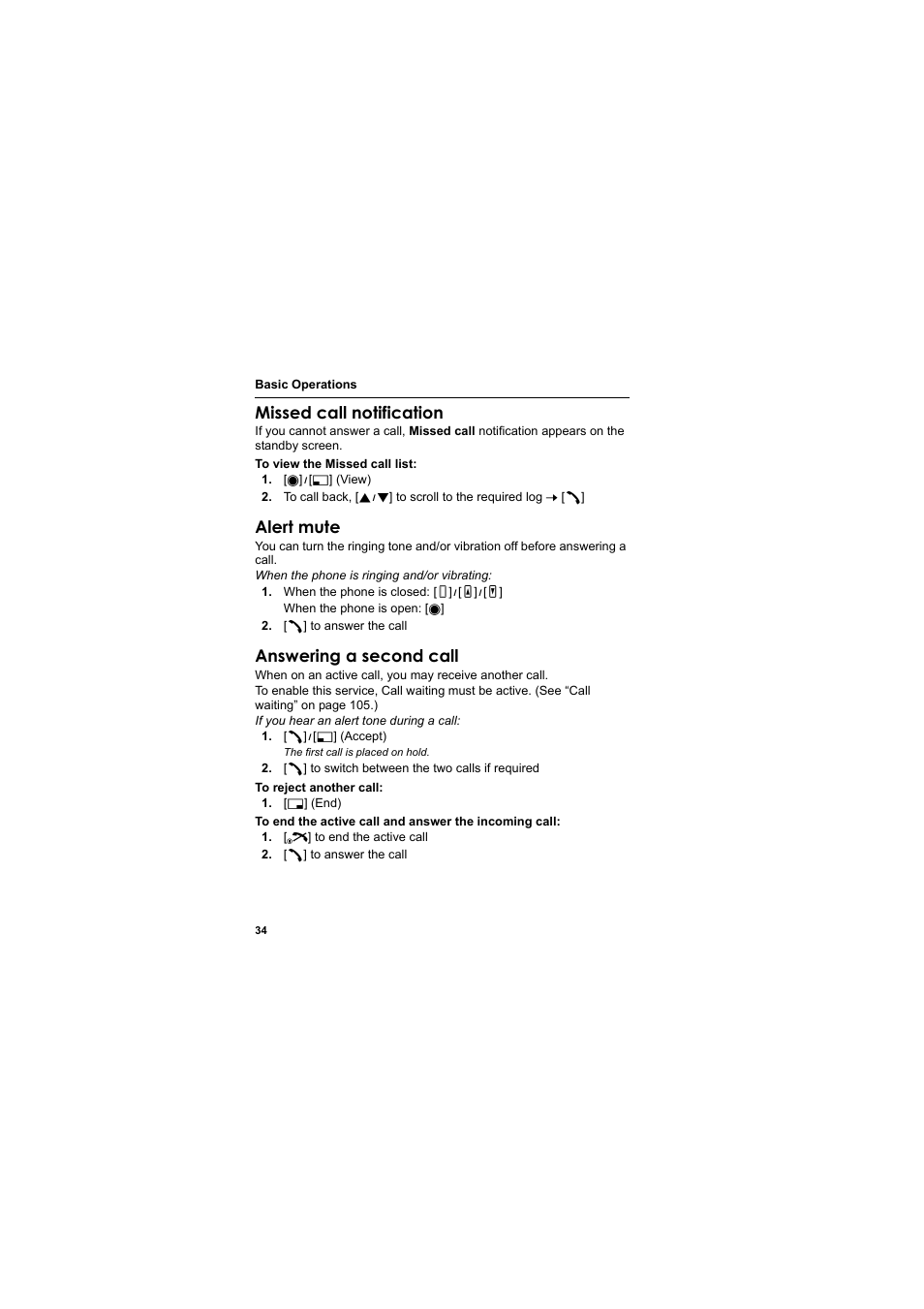 Missed call notification, Alert mute, Answering a second call | Panasonic EB-VS3  EN User Manual | Page 37 / 171