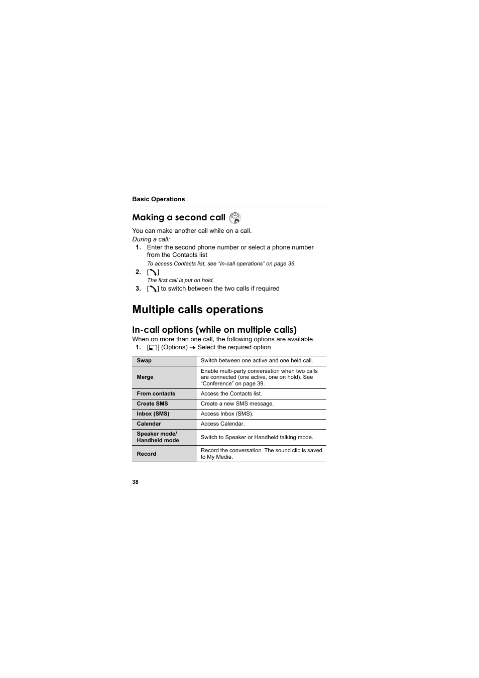 Multiple calls operations, Making a second call, In-call options (while on multiple calls) | Panasonic EB-VS3  EN User Manual | Page 41 / 171