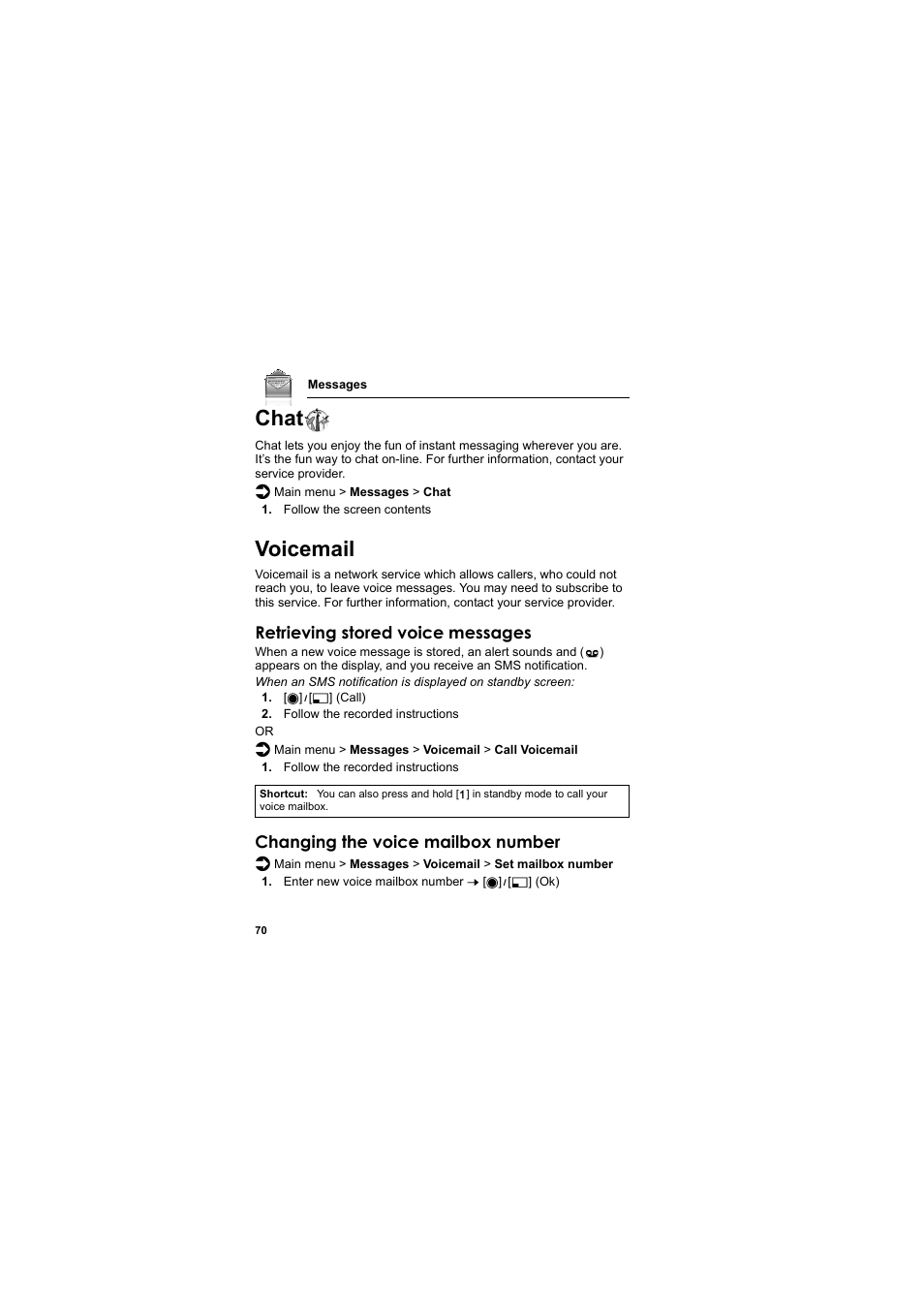 Chat, Voicemail, Chat voicemail | Retrieving stored voice messages, Changing the voice mailbox number | Panasonic EB-VS3  EN User Manual | Page 73 / 171