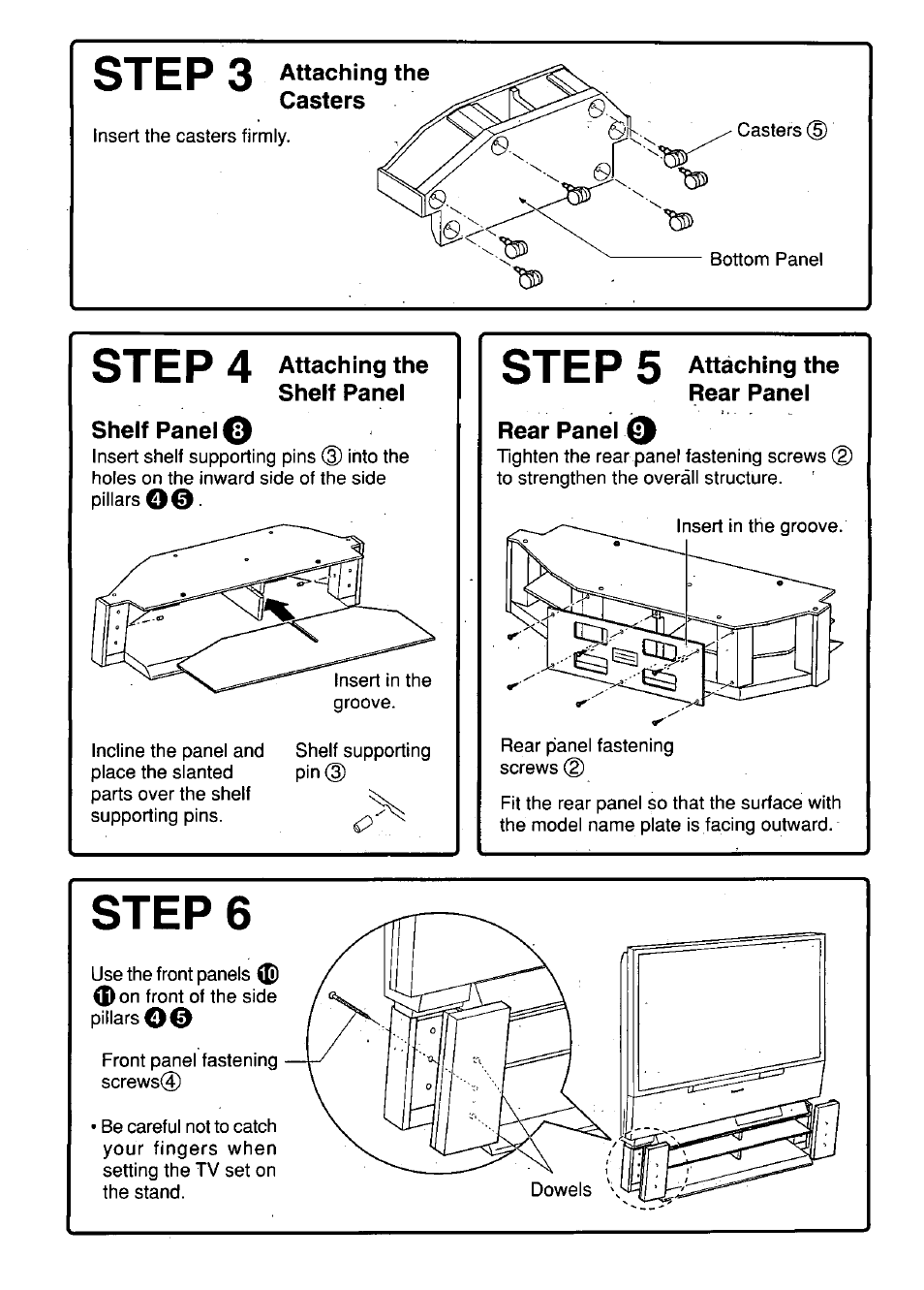 Steps attaching the, Casters, Attaching the shelf panel | Shelf panel o, Attaching the rear panel, Rear panel, Steps, Step 4 | Panasonic TY-S52DL52 User Manual | Page 5 / 6