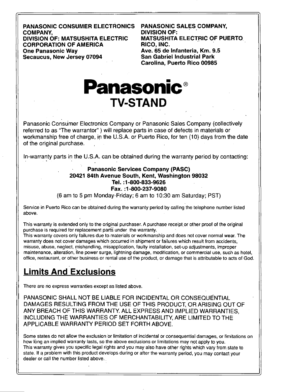 Panasonic, Tv-stand, Limits and exciusions | Panasonic TY-S52DL52 User Manual | Page 6 / 6