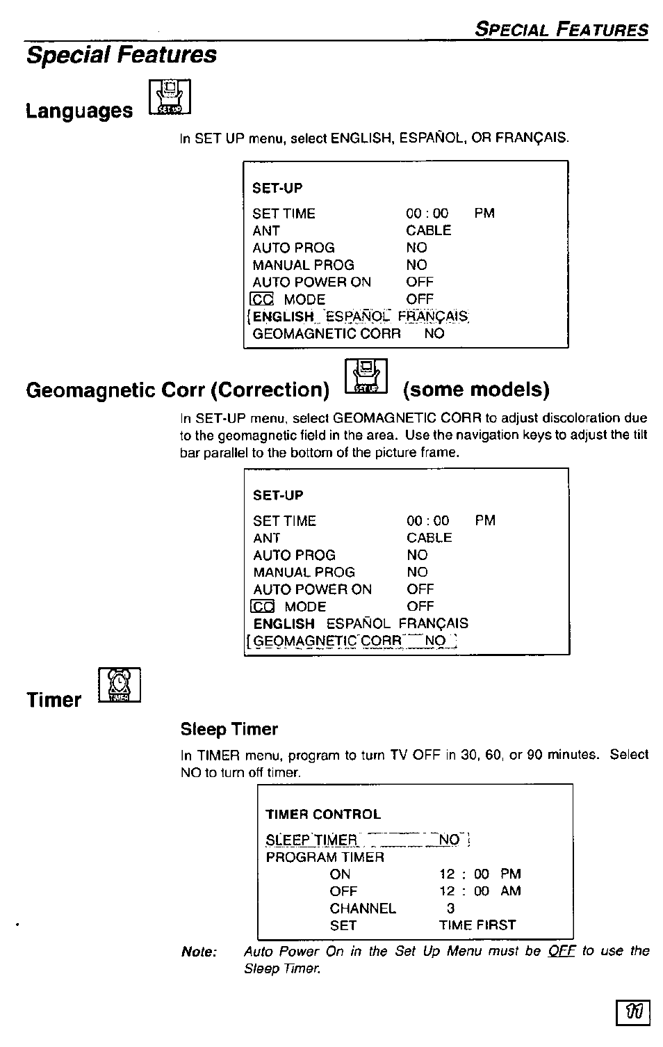 Special features, Languages, Geomagnetic corr (correction) | Timer, Sleep timer, Geomagnetic corr (correction) (some models) | Panasonic CT-36G23 User Manual | Page 11 / 32