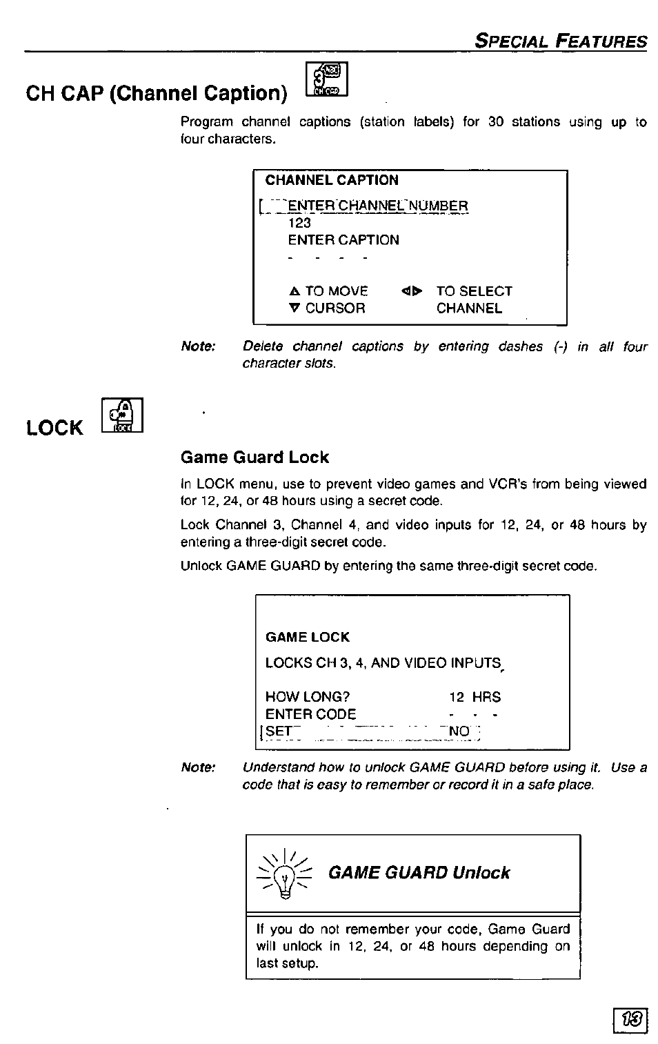 Ch cap (channel caption), Lock, Game guard lock | Ch cap (channel caption) lock | Panasonic CT-36G23 User Manual | Page 13 / 32