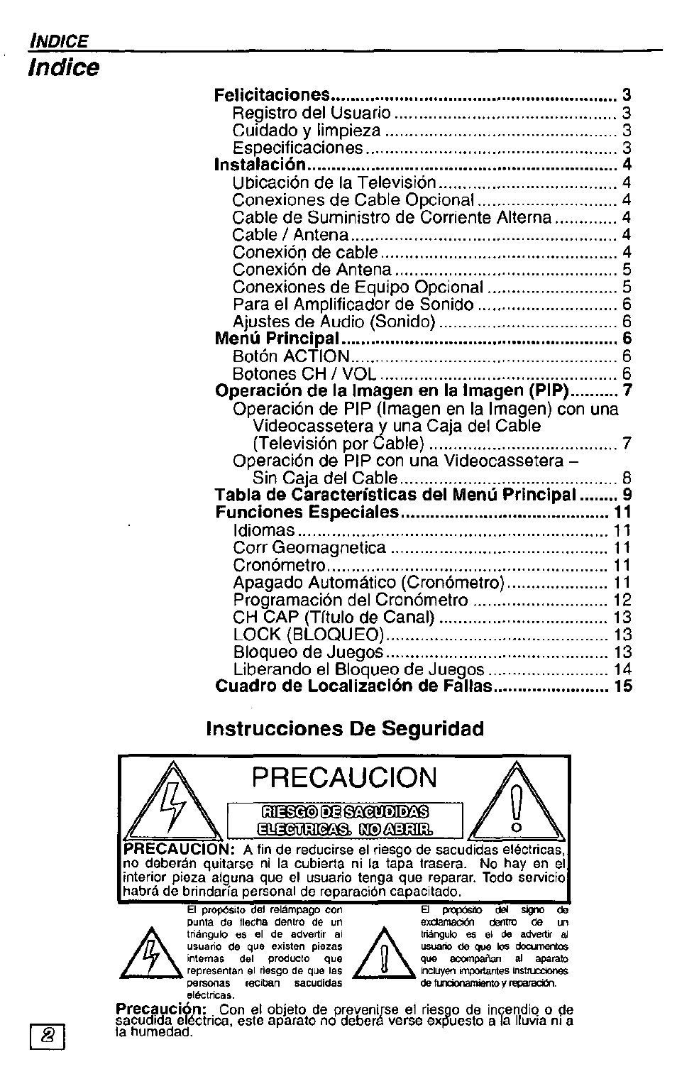 Indice, Precaucion, Instrucciones de seguridad | Panasonic CT-36G23 User Manual | Page 18 / 32